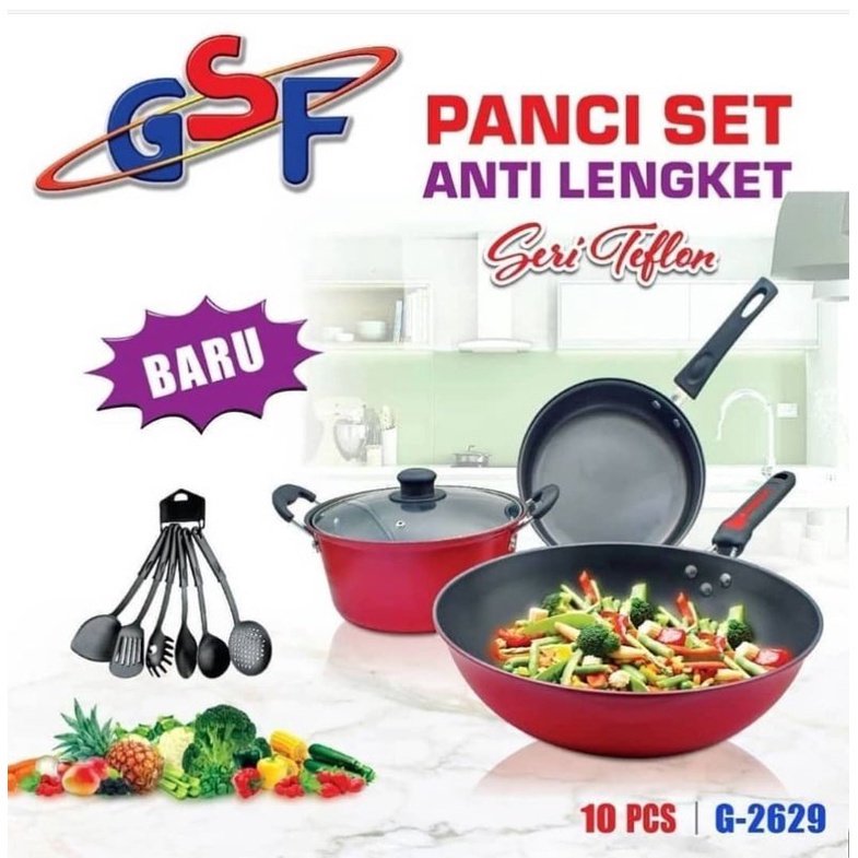Panci  Set Anti lengket  isi 10 PCS Gsf 2629 PANCI WAJAN PENGGORENGAN warna ungu dan merah
