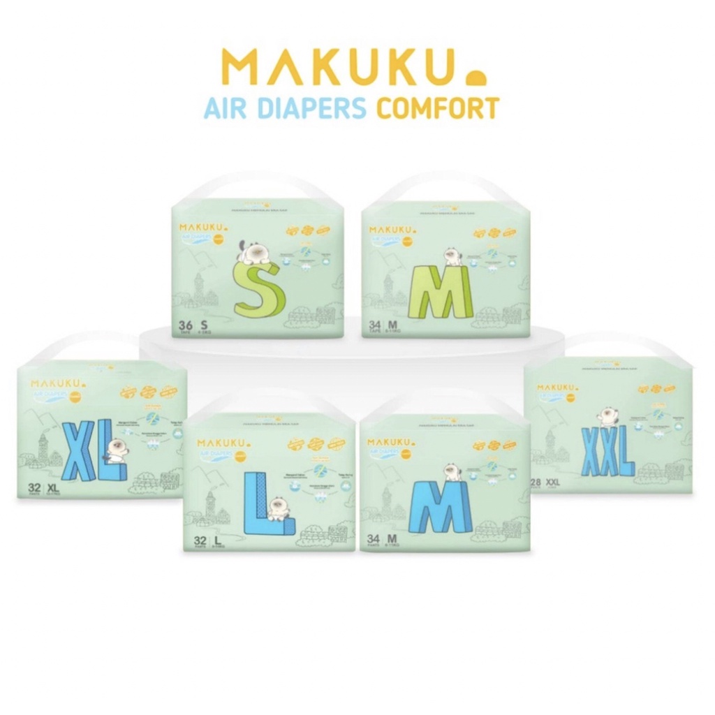 MAKUKU Air Diapers Comfort Tape Pants Size NB28 / S36 / M34 / L32 / XL32 / XXL28 Popok Bayi Baby Diaper Tipe Perekat Celana Ukuran NB 28 / S 36 / M 34 / L 32 / XL 32 / XXL 28