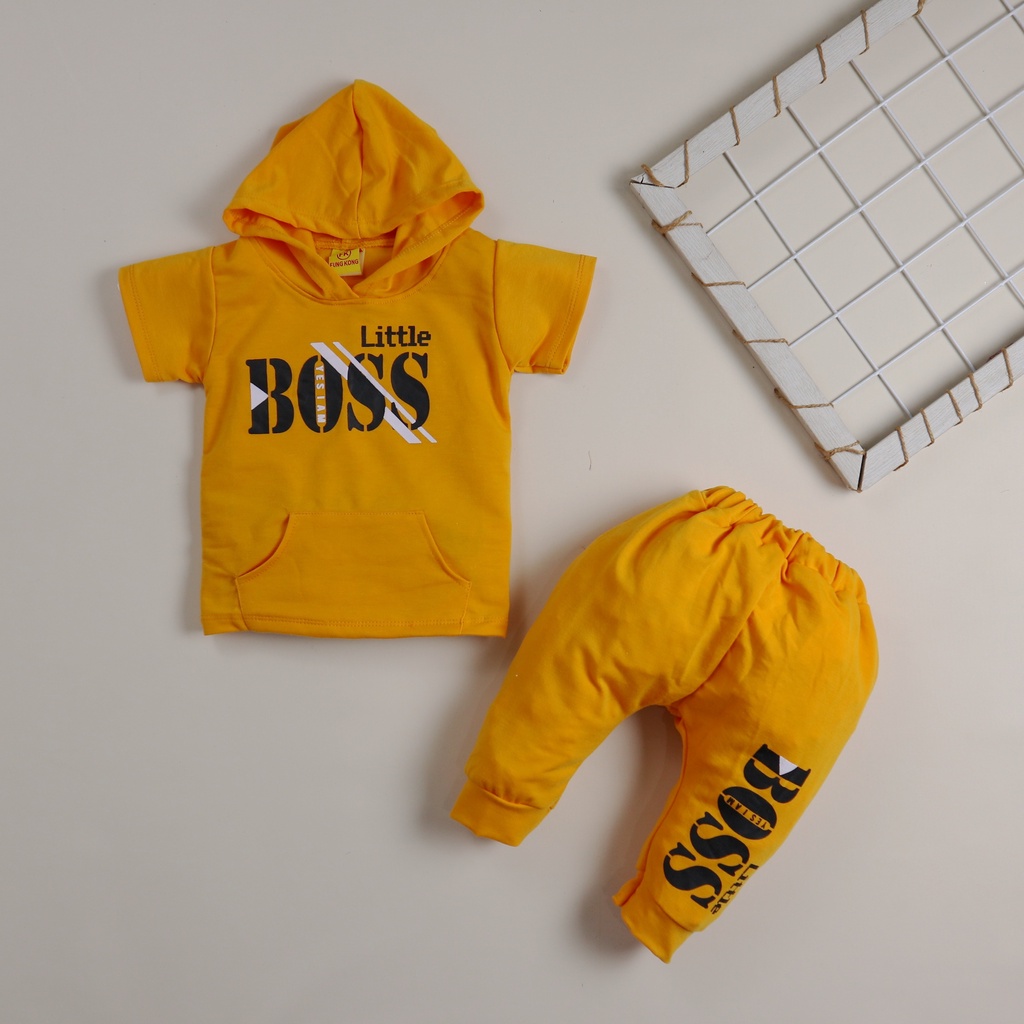 Nuna Store Setelan Baju Celana Bayi Anak Laki-laki Usia 3-12 bulan S886 Motif Hoodie Little Boss