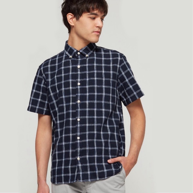 Kemeja GAP Short Sleeve Shirt Linen Cotton Navy Plaid Oxford Original