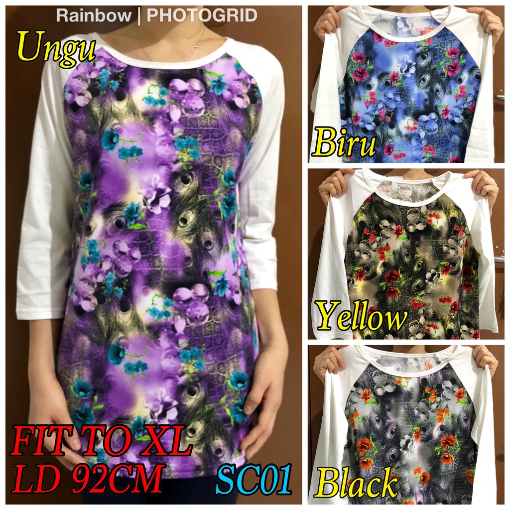 Raglan SCUBA Lengan 3/4 fit to XL sablon / atasan wanita / blouse