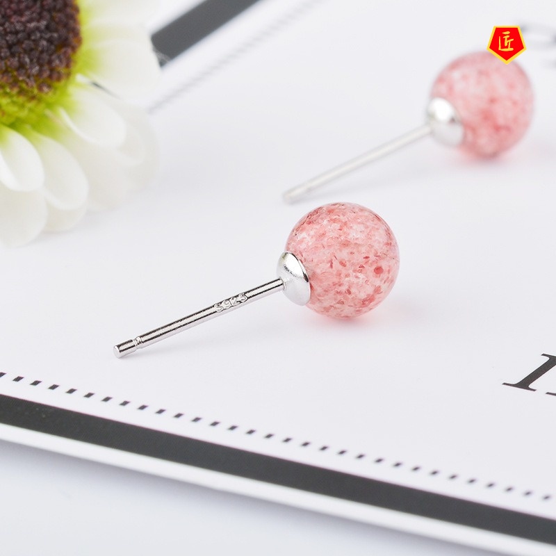 [Ready Stock]S925 Silver Strawberry Quartz Ear Studs Women's Elegant Sweet