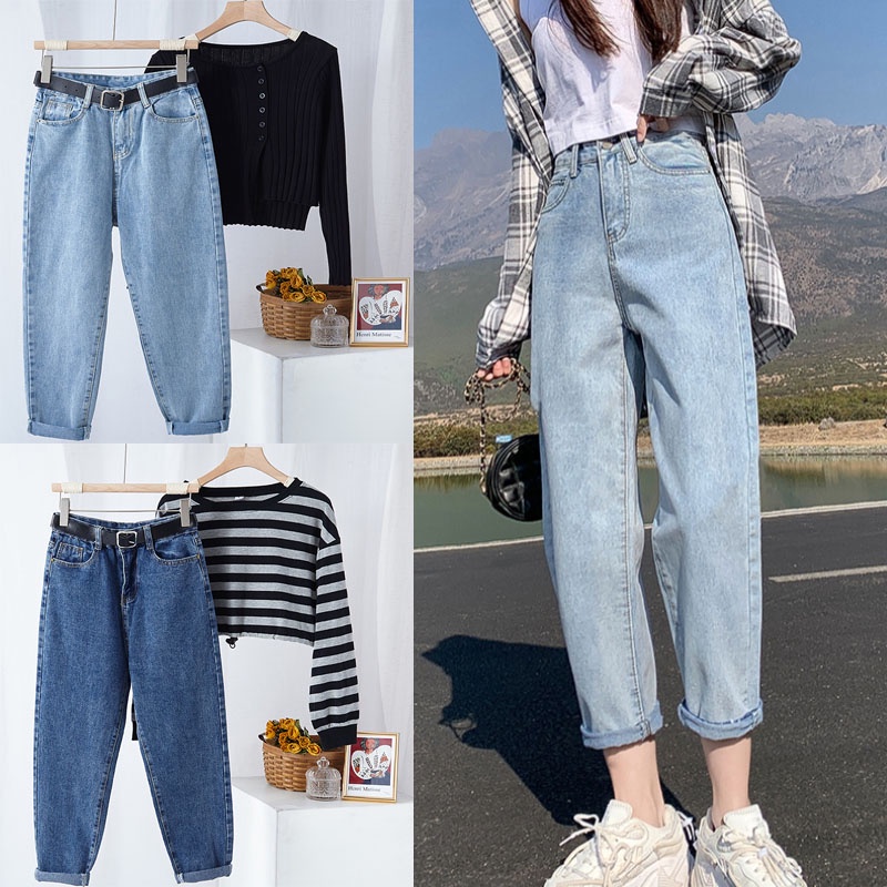 【KAKA】S-2XL Jeans Ramping Pinggang Tinggi Wanita Celana Harem Kaki Lurus