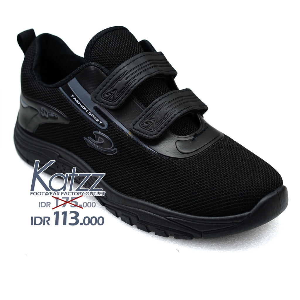 KATZZ - Sepatu Sekolah Anak Ukuran 28-39 Full Hitam / Sneakers Sporty Hitam Tanpa Tali Pakai Prepet 