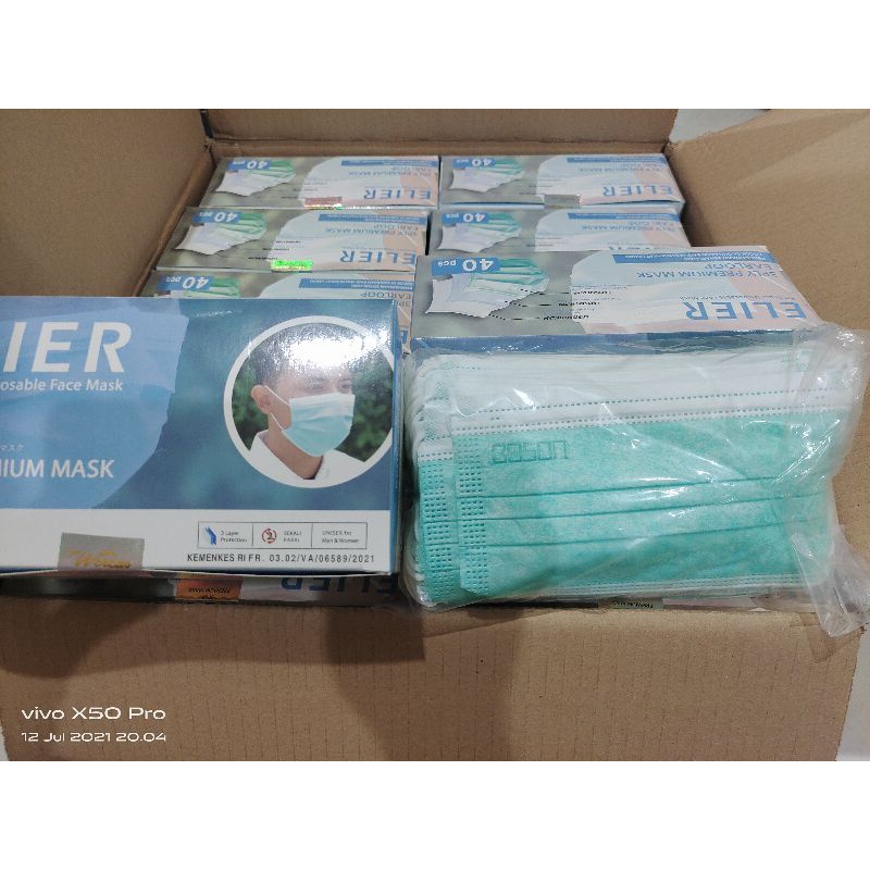 ELIER Masker Earloop 3Ply Non Medis Isi 40 Pcs - Disposable Face Mask