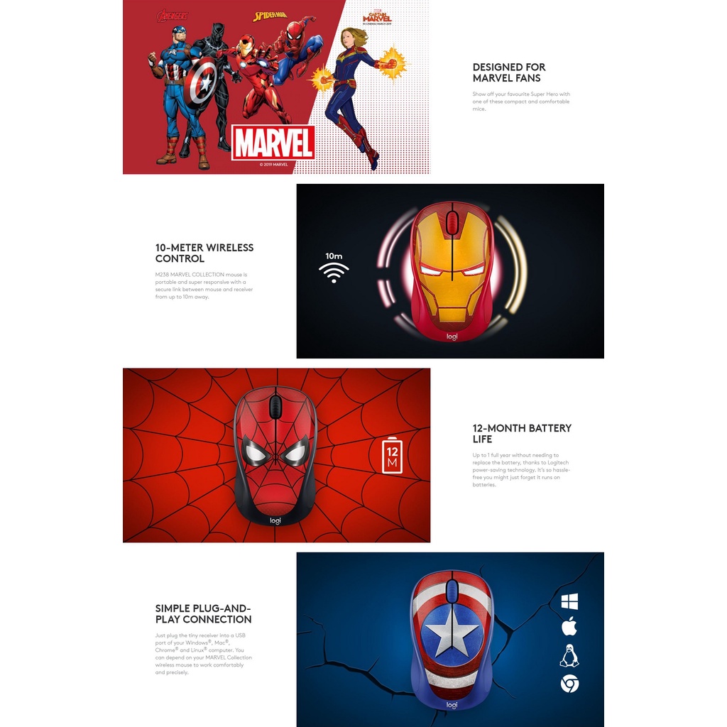 Mouse Wireless Logitech M238 MARVEL Collection - Garansi Resmi 1 Tahun