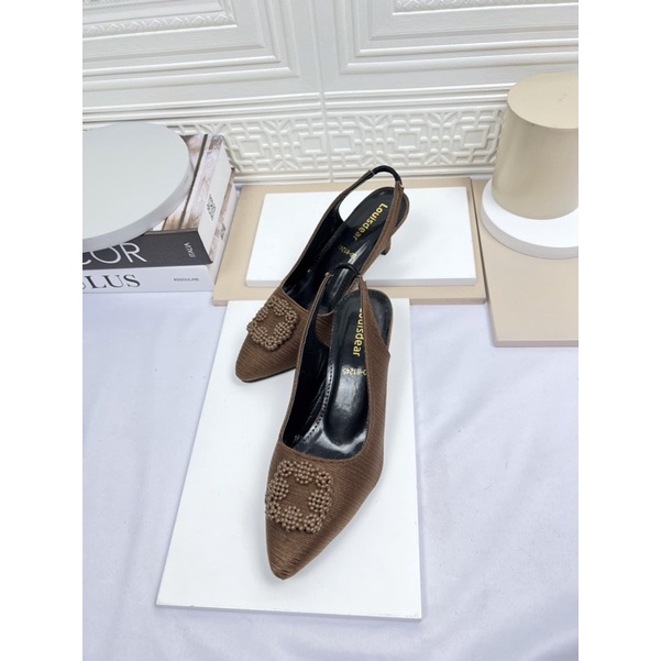 sepatu heel wanita terbaru pesta LOUISDEAR sepatu heel 3 cm tali belakang bahan satin P73