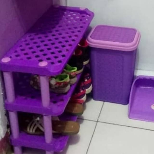 Rak sepatu 3 susun UNGU anyam rotan sintetis ungu/rak sepatu ungu anyam purple loverso