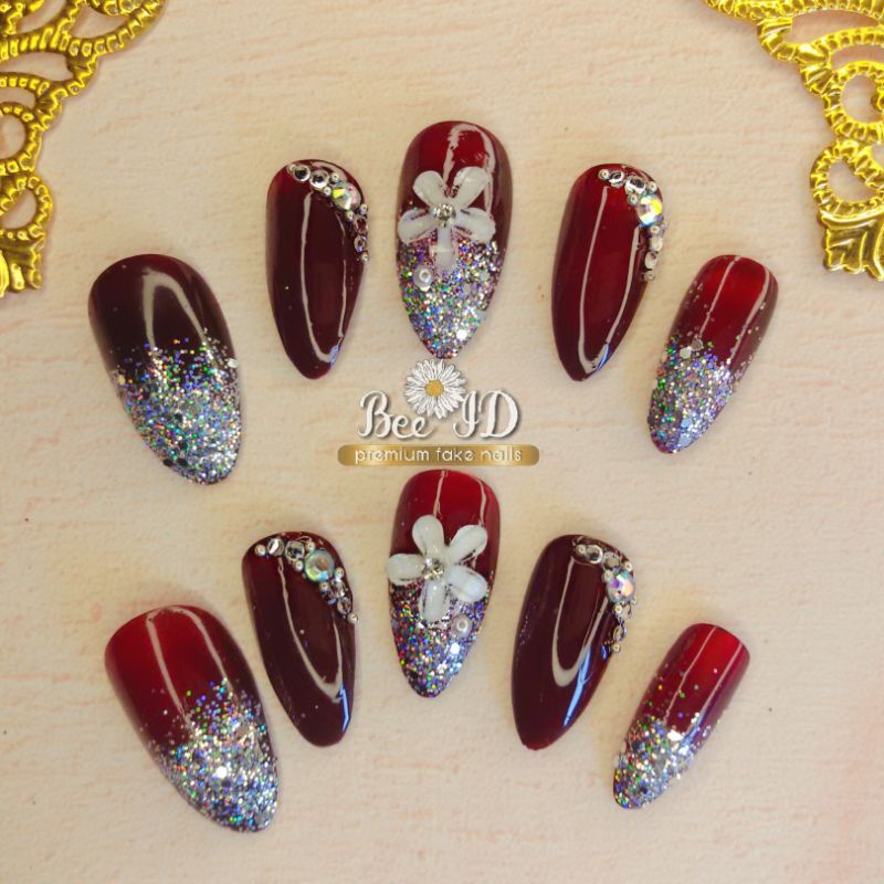 Jual MAROON WEDDING NAIL ART fake nails kupal kuku palsu warna merah