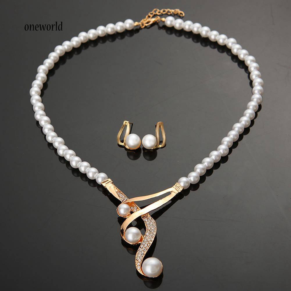 OW✪Hook Shape Pendant Faux Pearl Beaded Necklace Earrings Bridal Party Jewelry Set