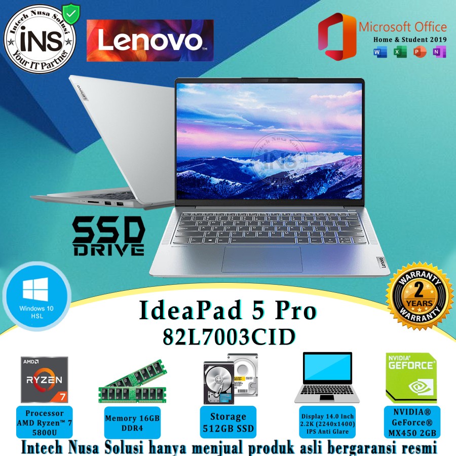 Lenovo IdeaPad 5 Pro 3CID Ryzen 7 5800U 16GB 512GB SSD VGA WIN10HSL OHS 19 2YR
