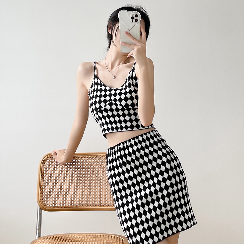 【Elegant】Sexy Low Cut Houndstooth Cami Top &amp; Slit Skirt  Two Piece Set 7473