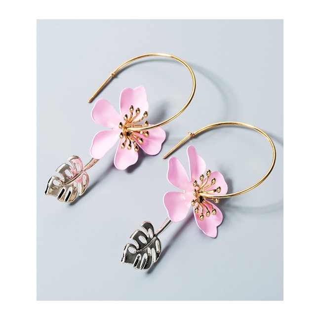 LRC Anting Tusuk Fashion Pink Leaf Eternal Flower Ear Studs D59944