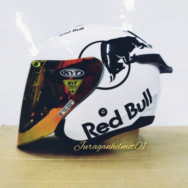 helm half face kyt kyoto paket ganteng putih red bull