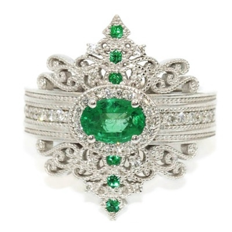 Mewah Perempuan 925 Perak Inlay Emerald Kristal Gemstone Cincin Mode aristokrat Court Style Jewelry