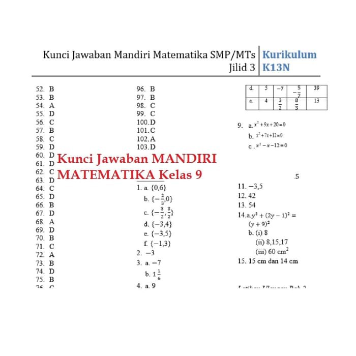 Nn Buku Mandiri Matematika Smp Kelas 9 Ix K13 Soal Jawaban Kurtilas Shopee Indonesia