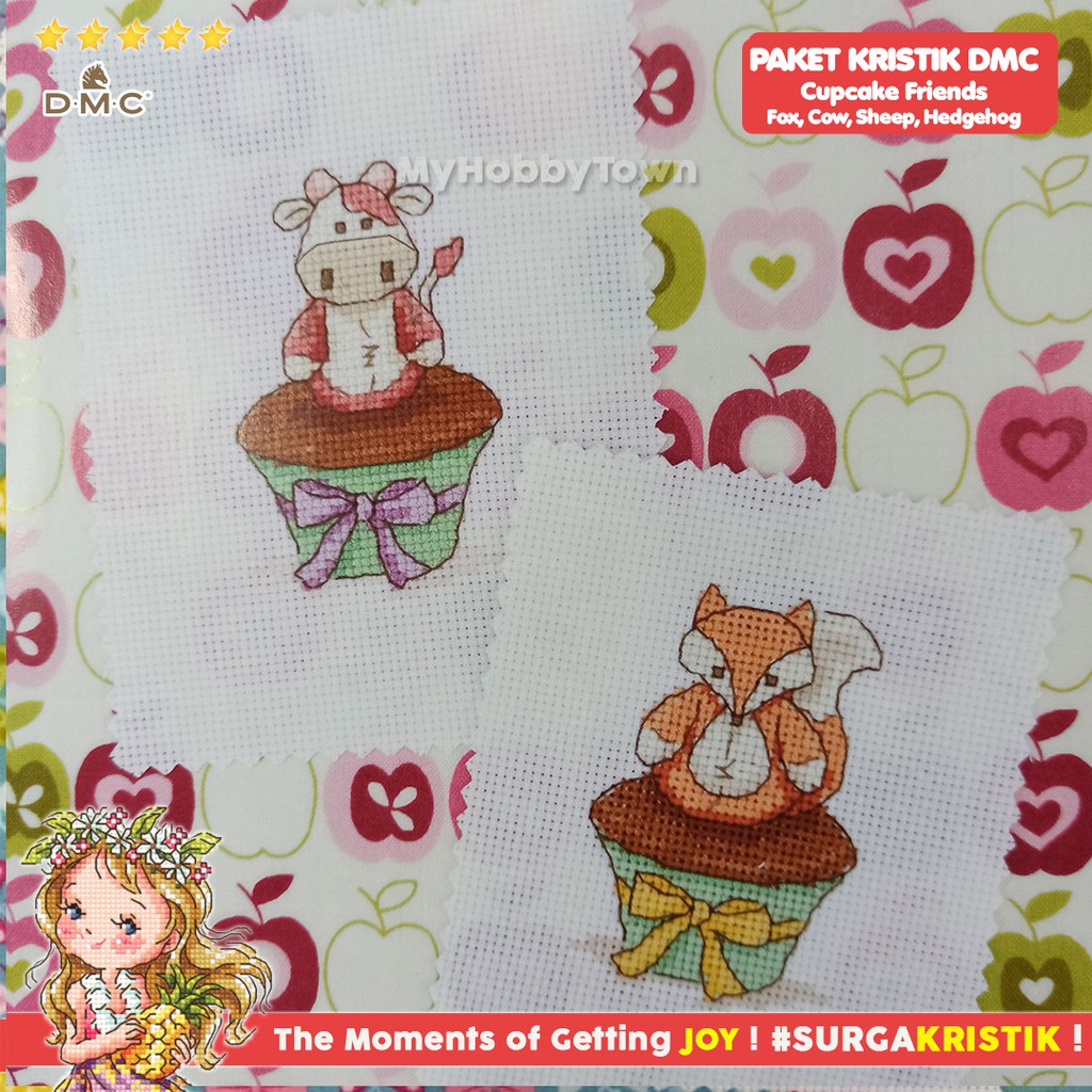 Paket DIY Craft Sulam Kristik DMC Retro Fun - Cupcake Friends set Fox Cow Sheep Hedgehog