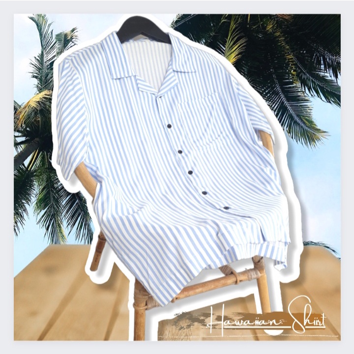 Baju Kemeja Pantai Bali Lengan Pendek Pria Wanita Salur Biru Muda Size Jumbo XS S M L XL XXL XXXL XX