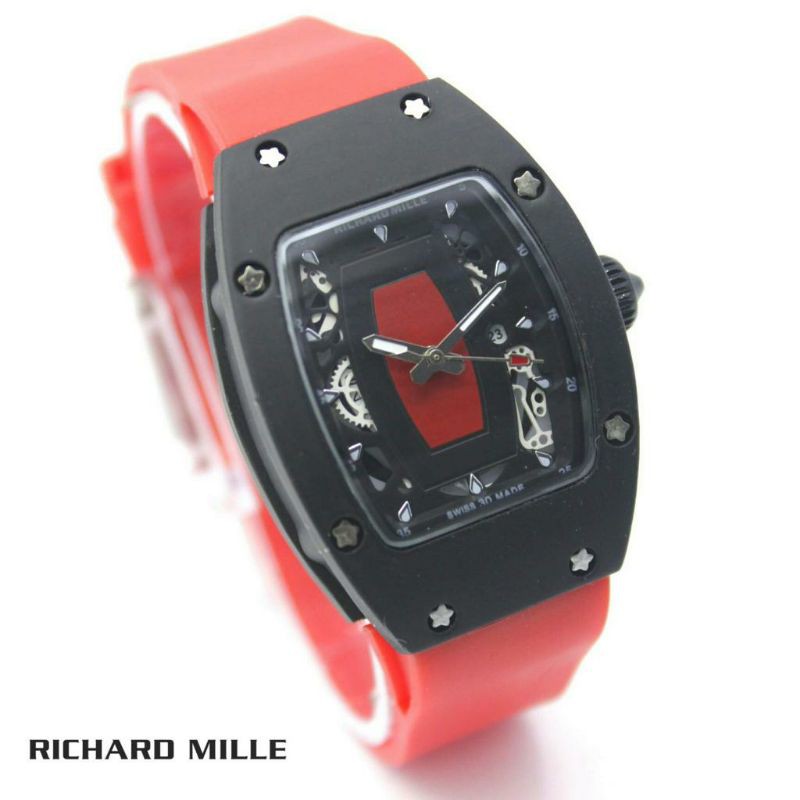 Jam Tangan Wanita RM Richard Mile Tali Rubber Model Terbaru Dan Terlaris - RM Body Hitam - Merah