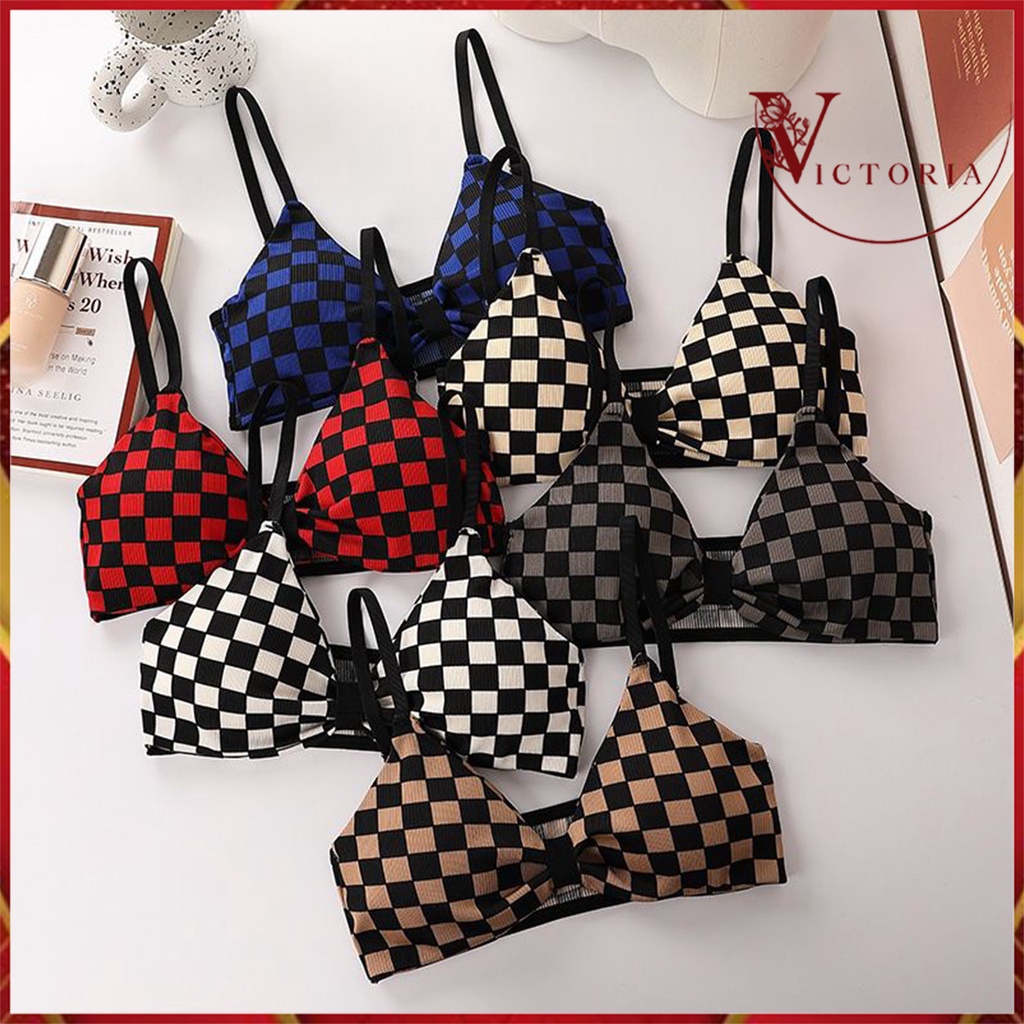 Victoria Bra Tanpa Kawat Pakaian Dalam Wanita Import Motif Catur Push Up 1088