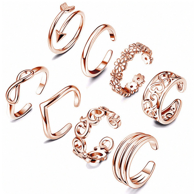 Fancyqube 8pcs / Set Cincin Jari Kaki Model Terbuka Dapat Disesuaikan Desain Hati Untuk Wanita