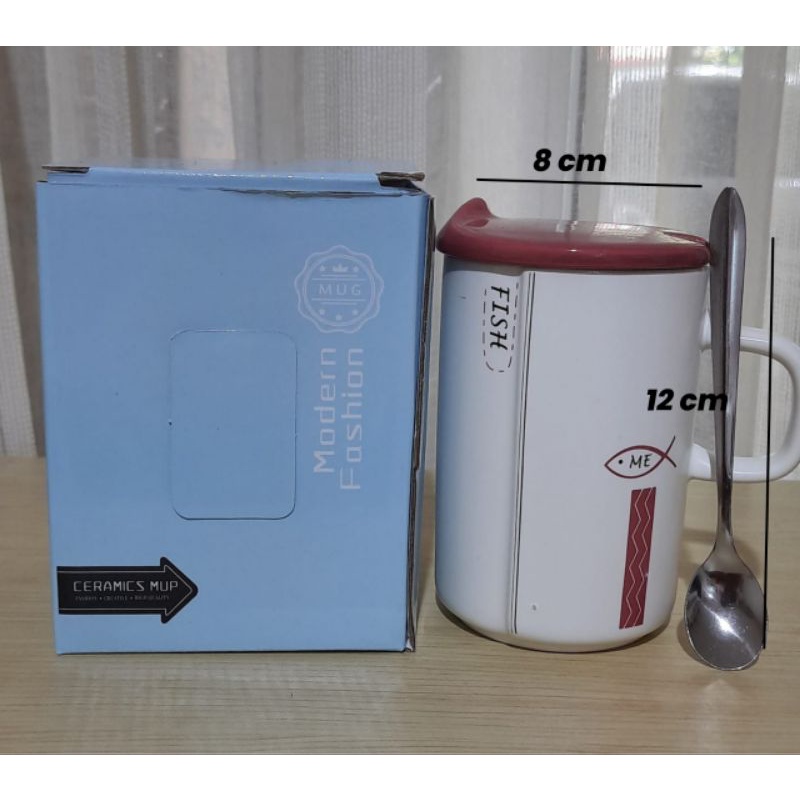 Mug/Gelas/Cangkir Keramik Set Tutup dan Sendok  Lucu Fish