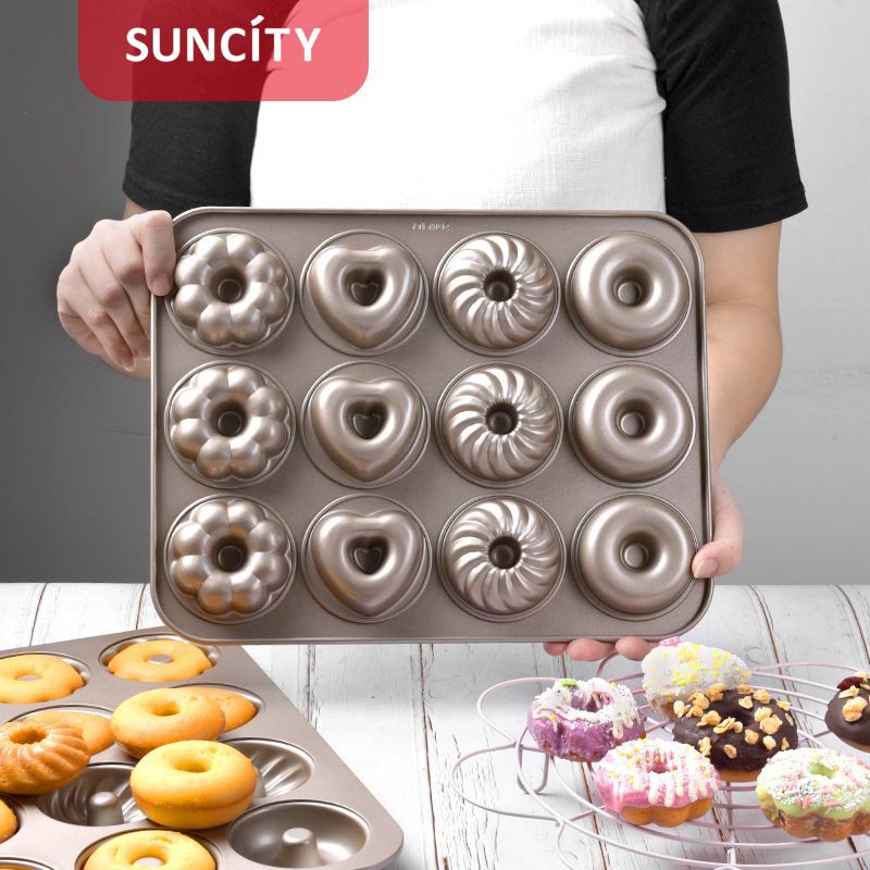 suncity 12 cups 4 shapes doughnut bake pan / cup cake / loyamg donut mini