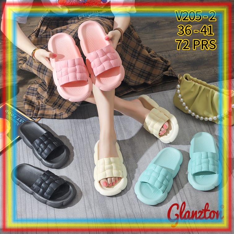 V205-2 Sandal Slop Karet Empuk Lentur Wanita Glanzton Sendal Rumahan Jelly Ringan Cewek Motif Kotak Tawana