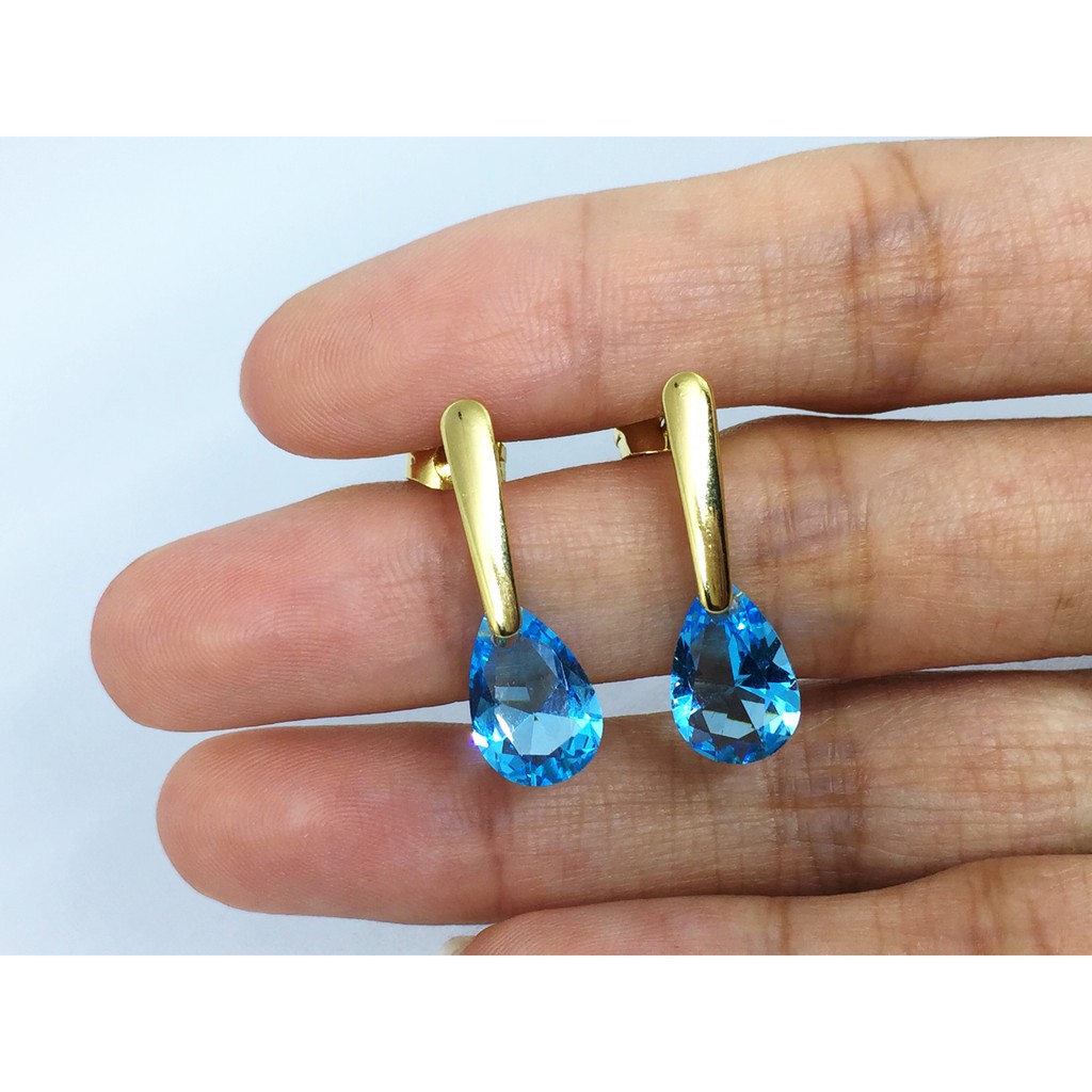 Anting Stainless Steel Lapis Emas 18k Gold Batu Biru Teardrop - BE124B