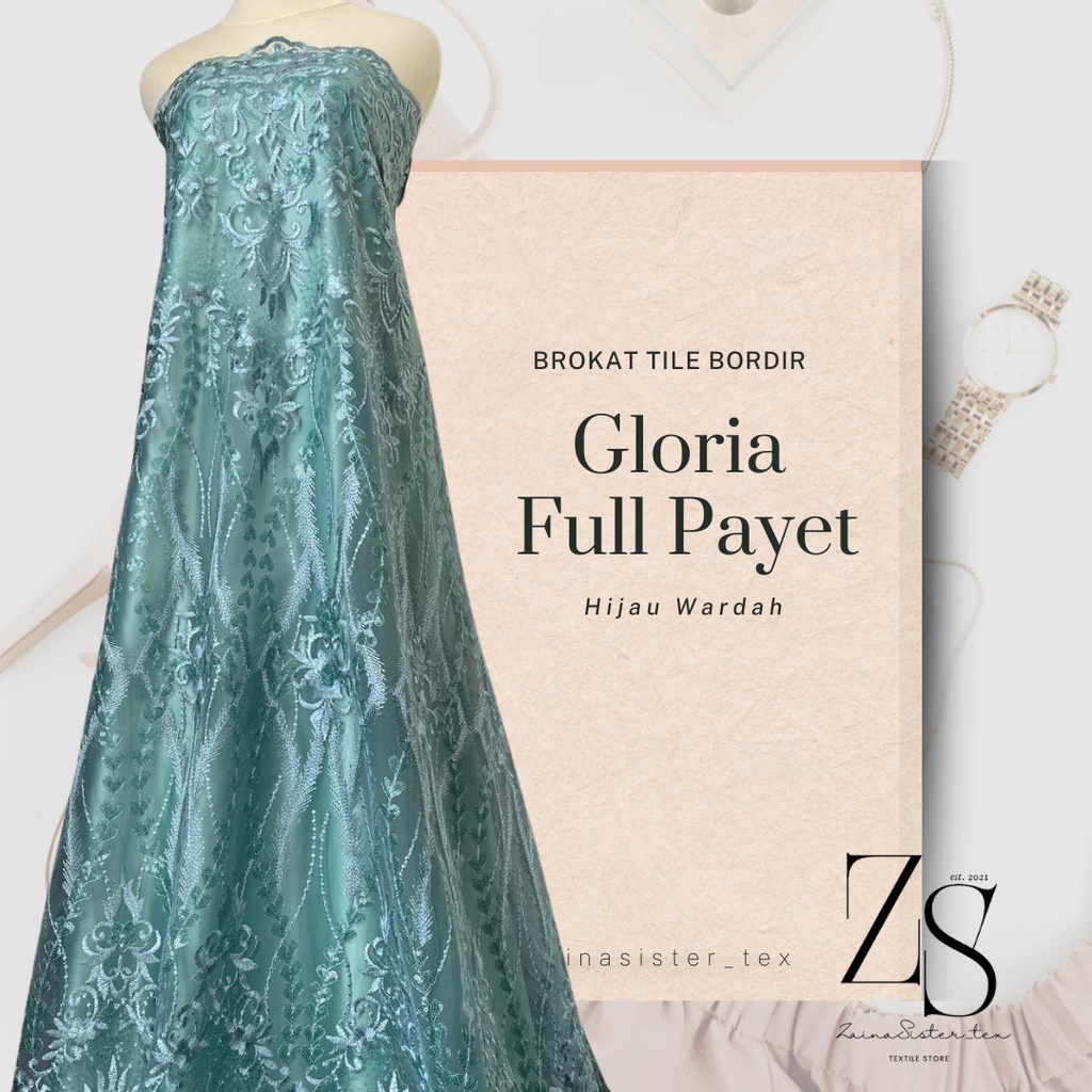 Bahan Kain Brukat Tile Bordir Payet Meteran Mewah Premium Gloria Edition Warna Hijau Wardah Toska