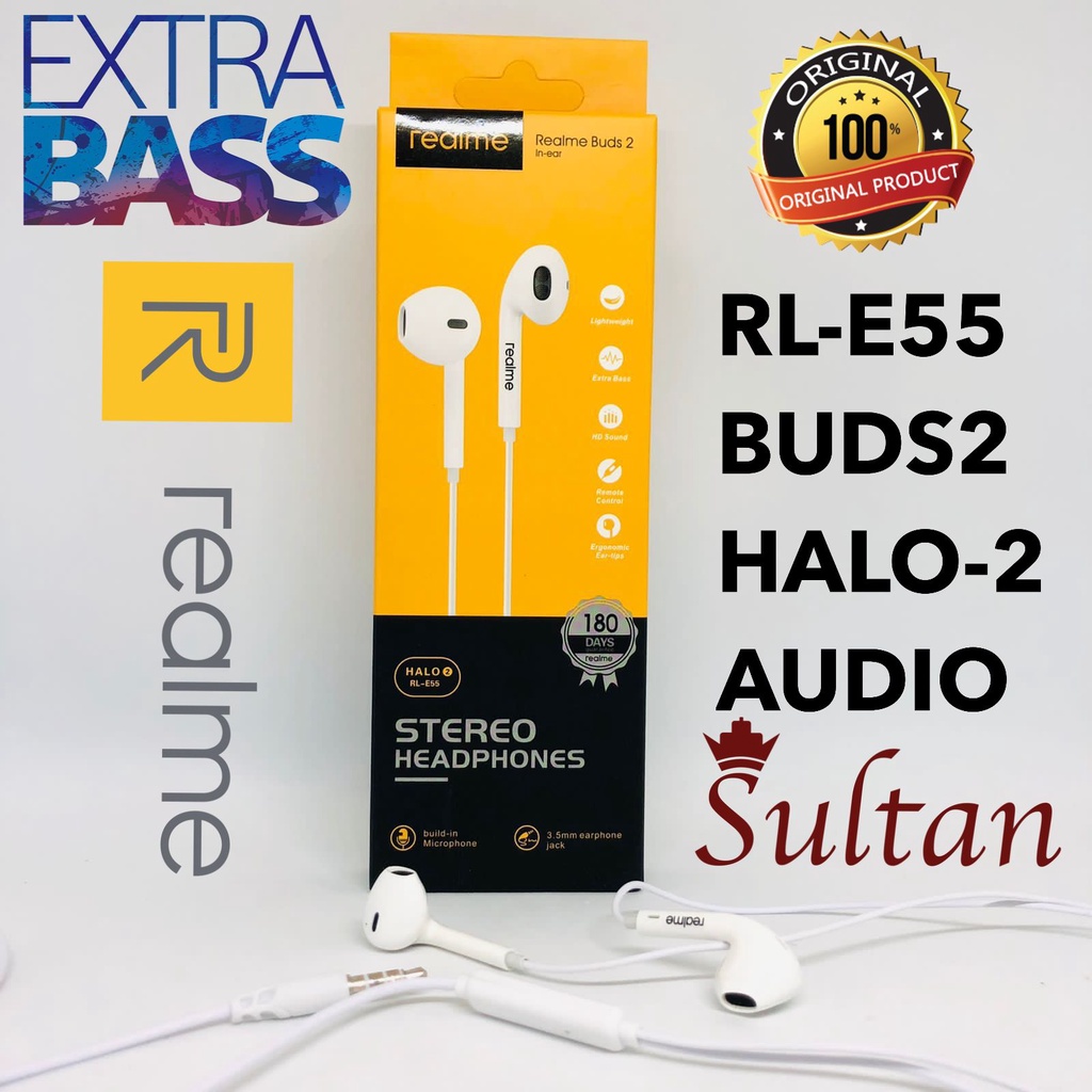 NEW PROMO!!! Headset Realme HALO 2 RL-E55 Stereo Earphones Build-In Microphone 3.5mm Earphone Jack