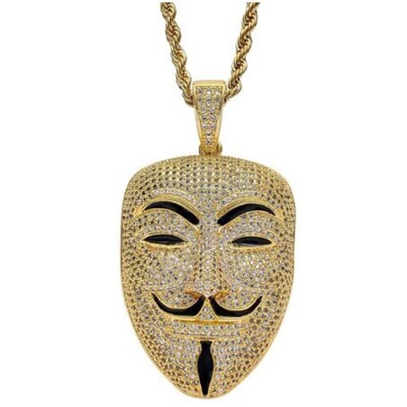 Kalung Liontin Masker Bahan Zircon Gaya Hip Hop Rock Untuk Unisex