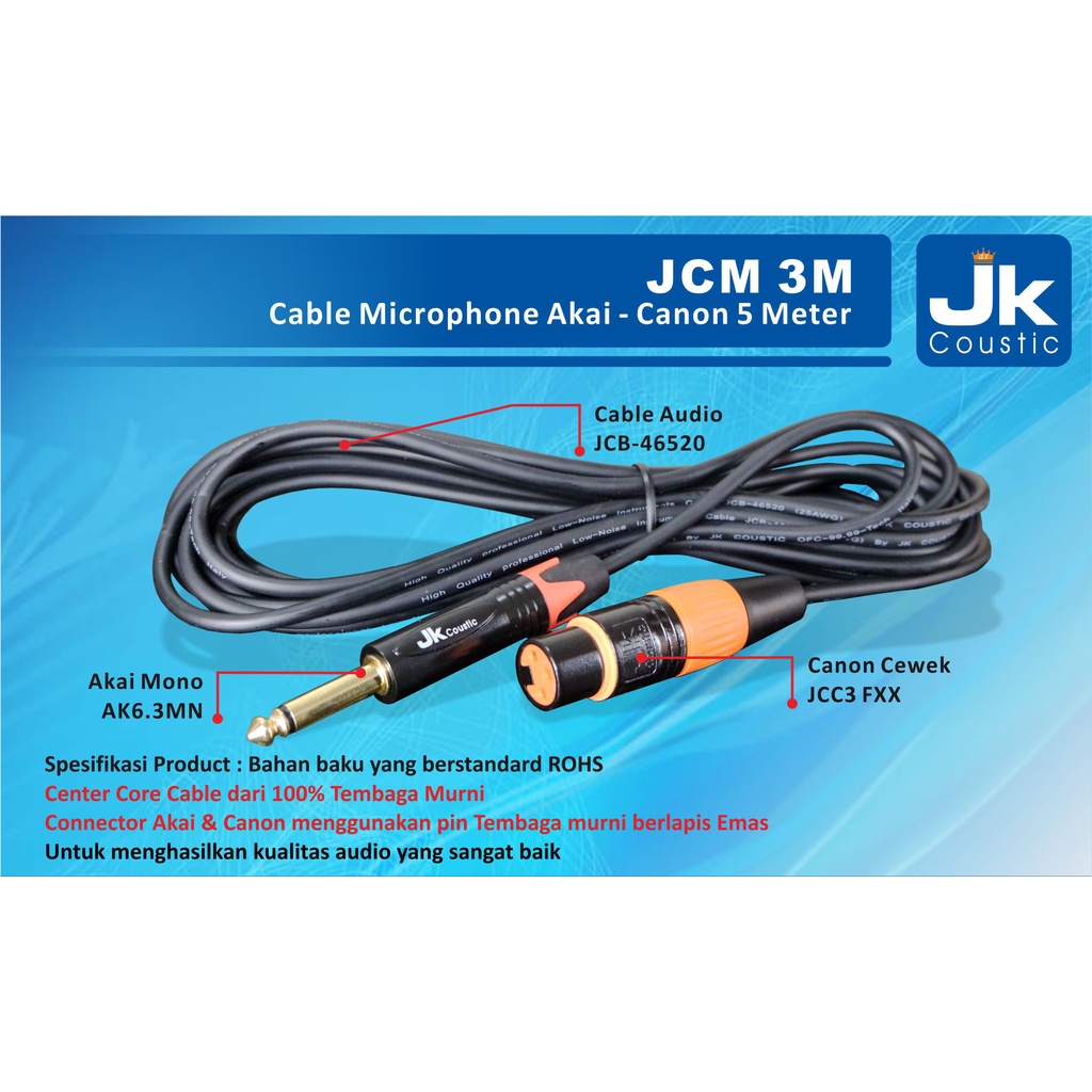 Kabel Microphone Jk Coustic Cable Mic Akai 6.3 JCM 3M