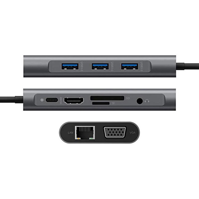 EASYIDEA Portable USB Type C Hub 10 in 1 HDMI + VGA + USB 3.0 + RJ45 + Card Reader + PD Charging - HB3004 - Gray