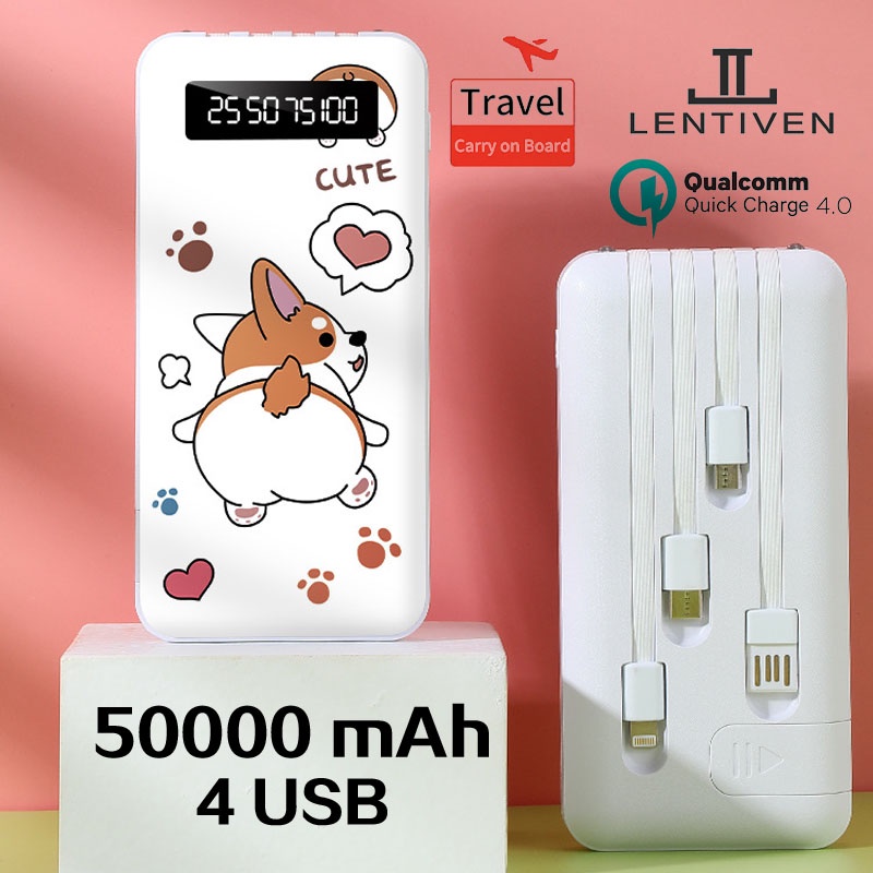 Powerbank 50000mAh 4 Cables Cute External Battery Mini Power Bank Dual USB LED Portable Fast Charger Real Capacity hohua