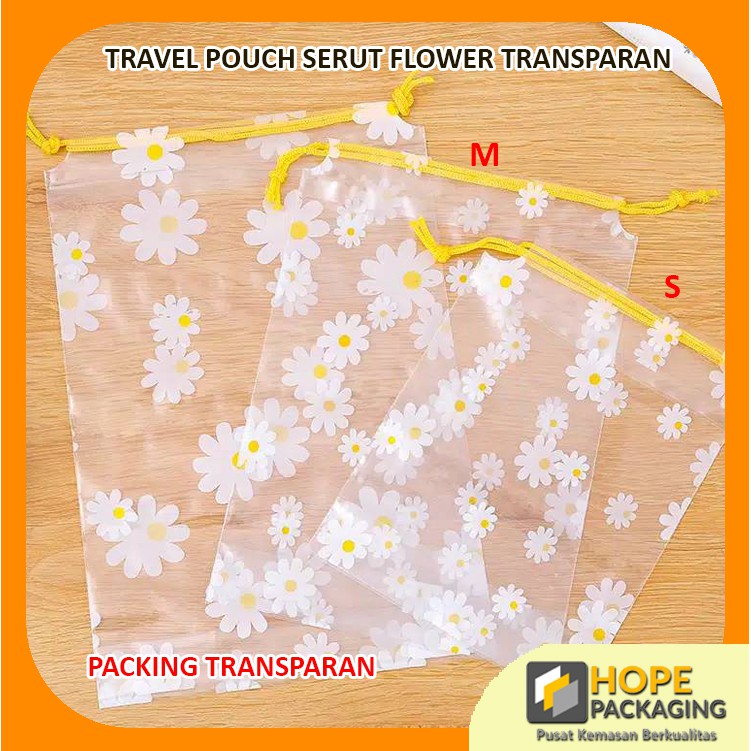 [ 5 pcs ] Travel Pouch Serut Flower Transparan Ukuran S Dan M