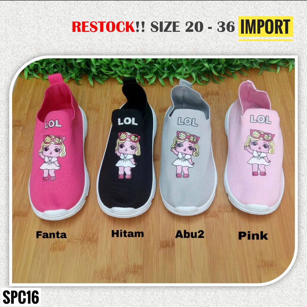  Sepatu  Sekolah  Anak Perempuan Slip On LOL  Hitam Pink Abu 