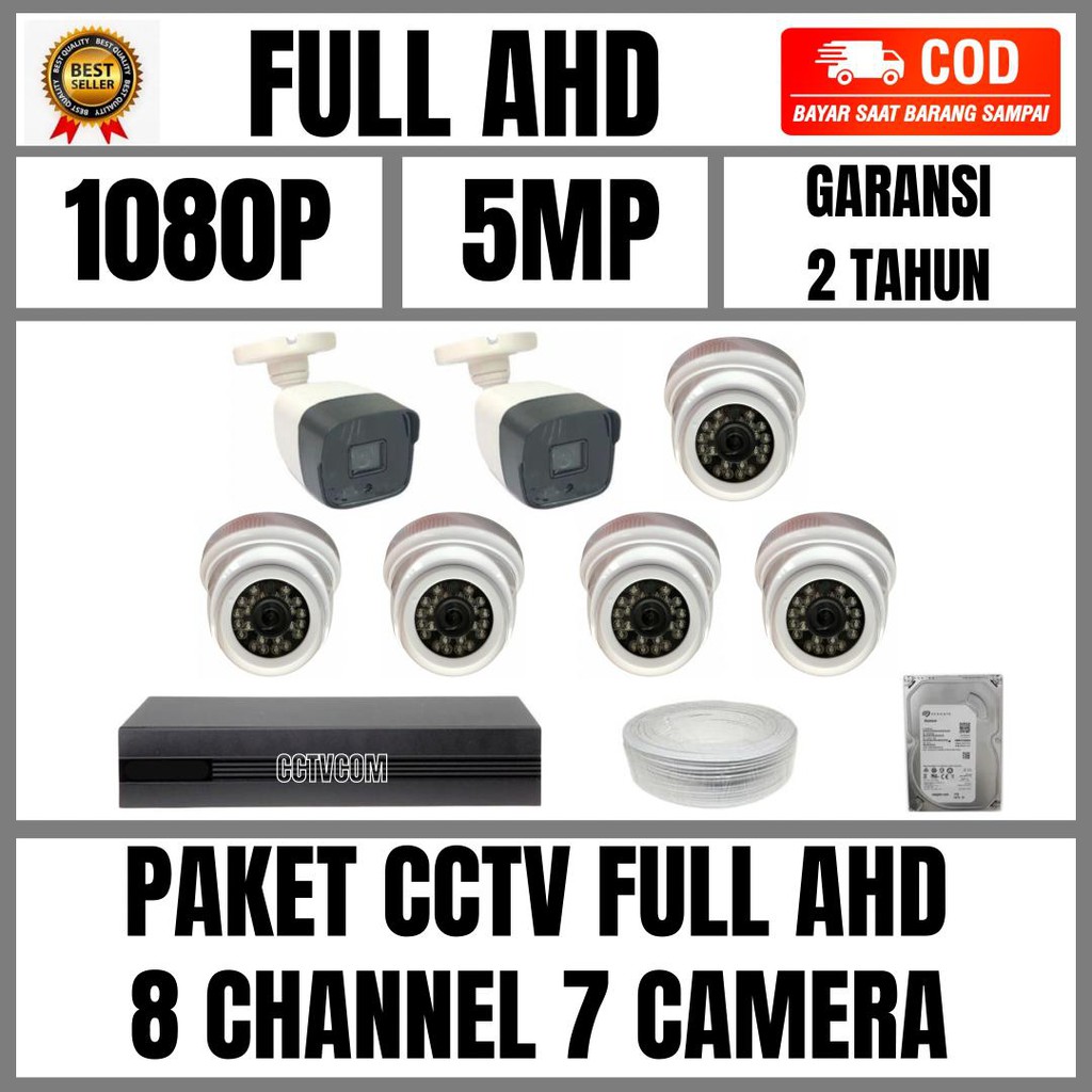 PAKET CCTV FULL AHD 8 CHANNEL 7 KAMERA 5MP IR SONY 1080P KOMPLIT TINGGAL PASANG