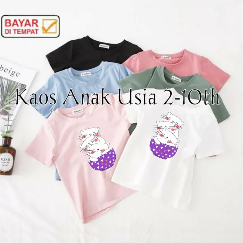 Kaos Anak Perempuan Umur 2 Sampai 10 tahun Gambar 3kucing Atasan Anak Cewek Tshirt Anak Perempuan