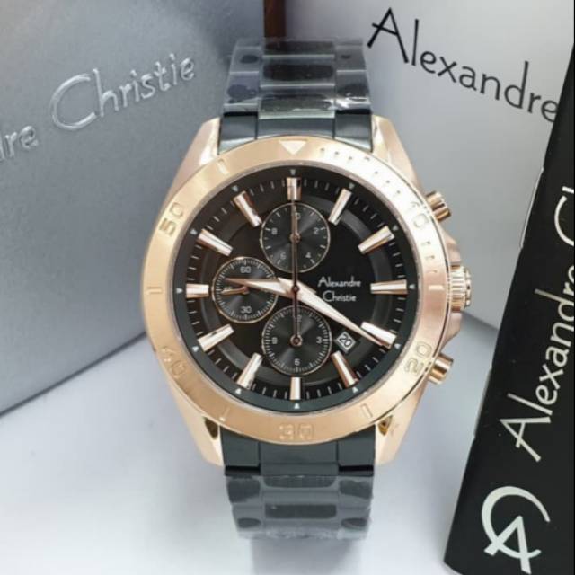 Jam Tangan Alexandre Christie 6525 Pria Black RoseGold Original
