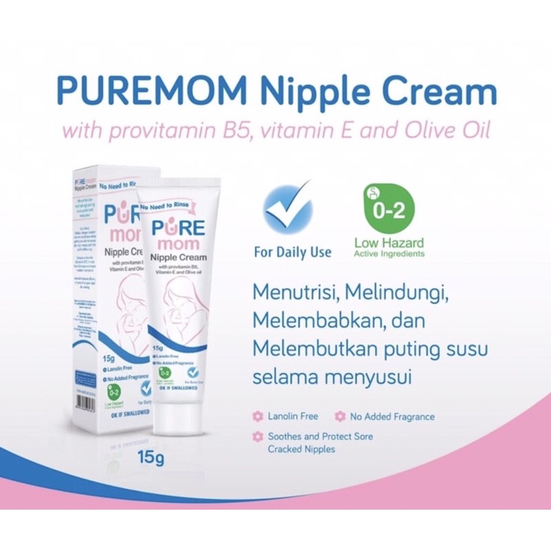 Puremom nipple cream 15 gram ( menutrisi &amp; melindungi puting susu )