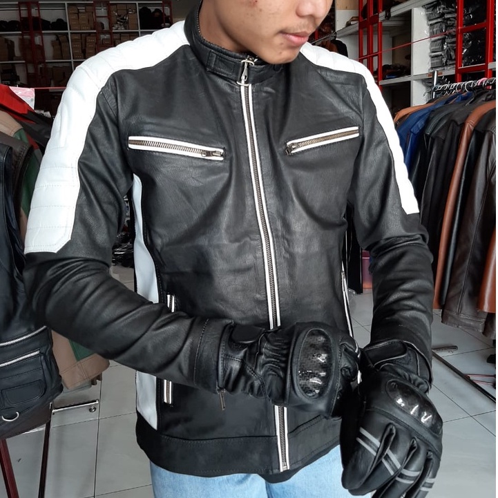 Jaket Pria Kulit Racing Street Style Keren Slimfit Kombinasi Warna Asli Buatan Garut Anti Air Kuat E