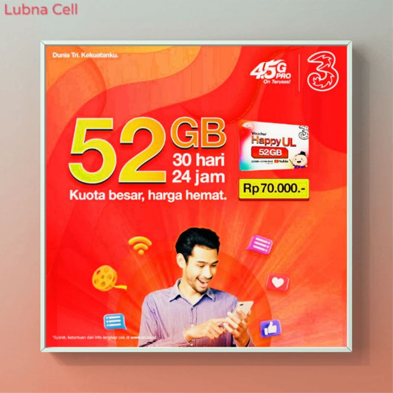 Paket Internet tri 3 three 22GB 52GB Unlimited Youtube 30 hari