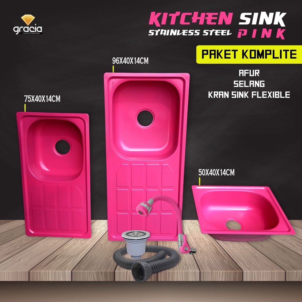 Bak Cuci Piring Set Kran 1/2inch Warna Pink / Paket Kitchen Sink Pink Tempat cuci piring stainless steel / Bak cuci piring Wastafel 50cm 75cm 96cm