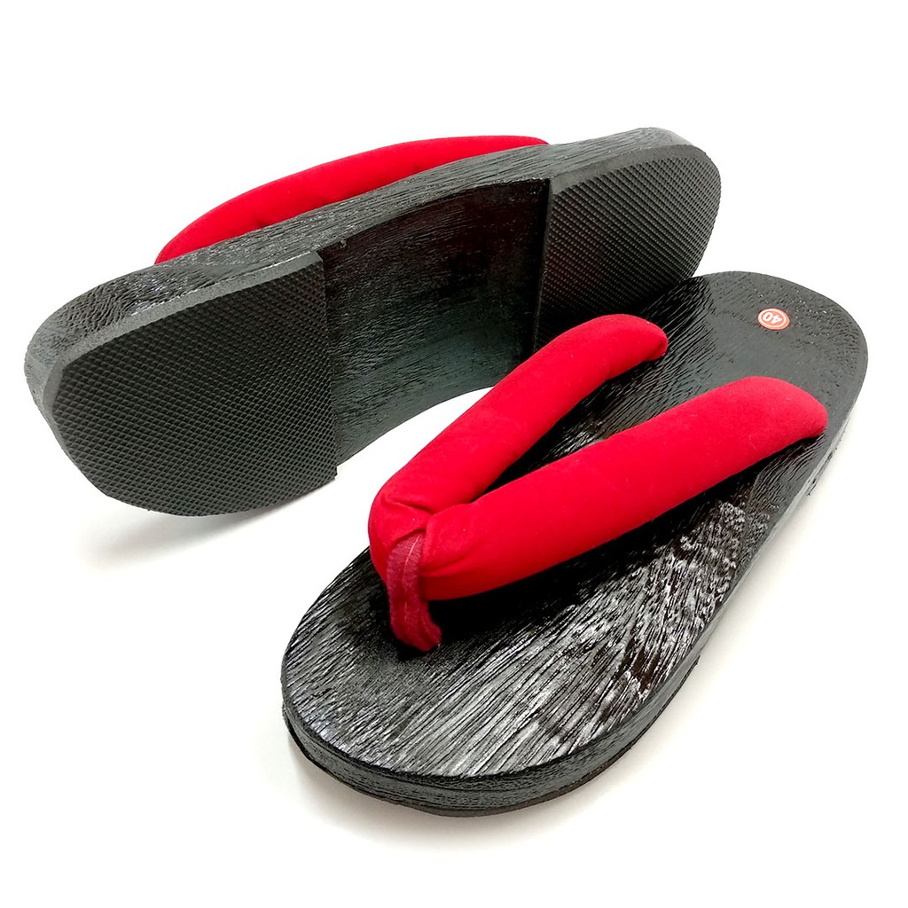 Geta Oval Hitam (Modern) : Solid Red Strap Sandal Kayu Jepang Bakiak