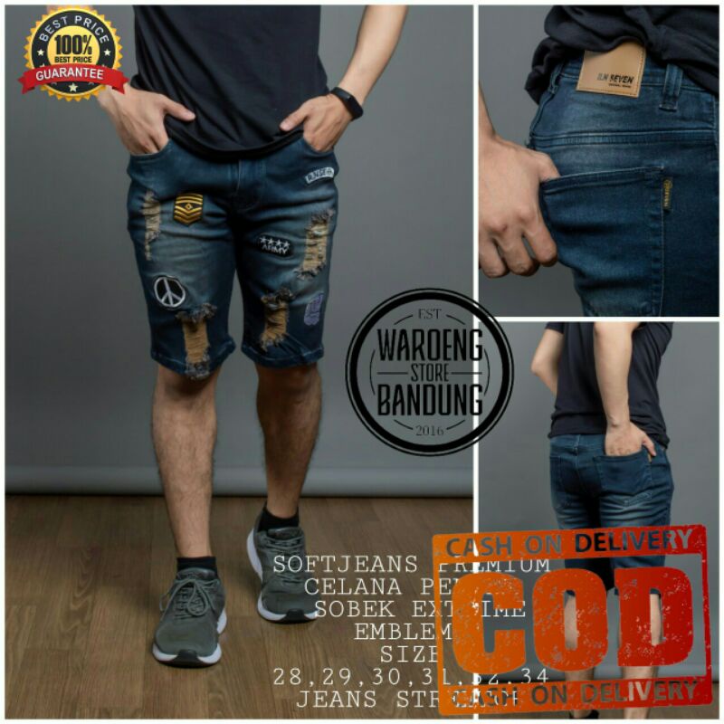 Celana Pendek Jeans Pria Ripped Extreme SlimFit RN Seven Premium Original Size 28 - 34 Celana Pria S
