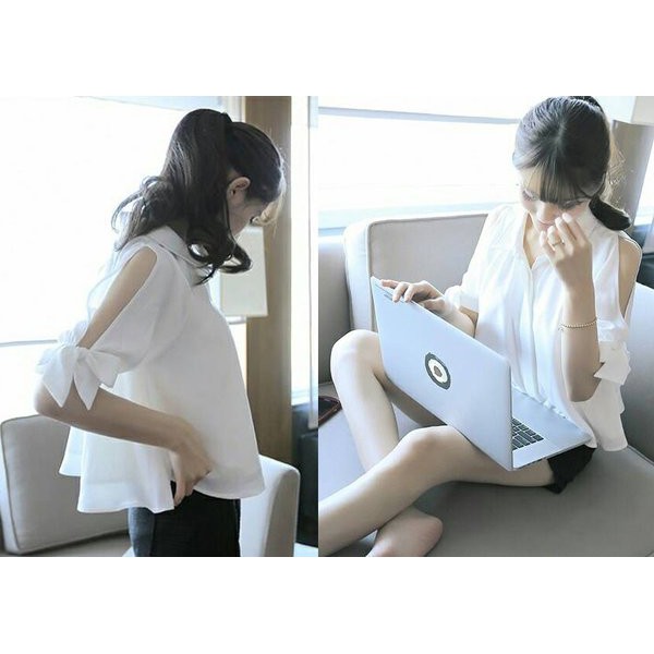 Pakaian Wanita f2sq 0879 Babol ribon blouse wnt lgn pendek putih Katun rayon xl modis modern