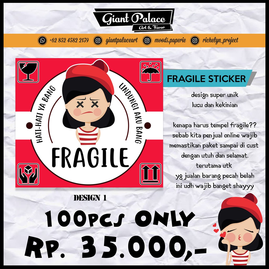 100pcs Stiker Fragile Lucu Shopee Indonesia