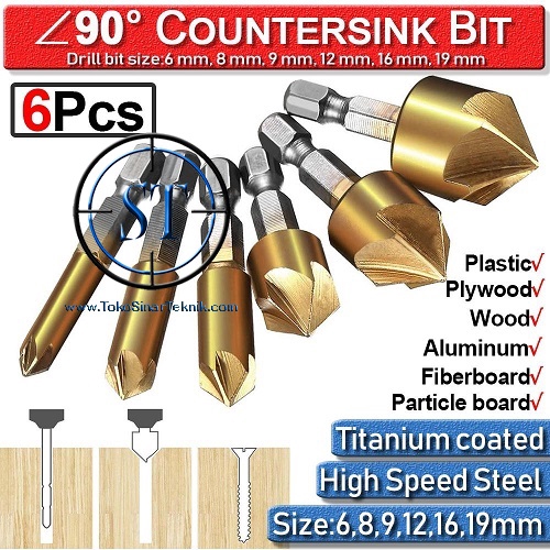 6 Pcs Mata Bor Countersink 6 Flute Titanium Coated Wood Drill Bit Set High Quality Tebal Besi Kayu