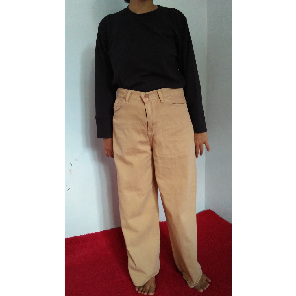 CELANA KULOT JEANS HIGHWAIST LOOSE WARNA POLOS PASTEL CHOCO  ARMY COKLAT CREAM WANITA